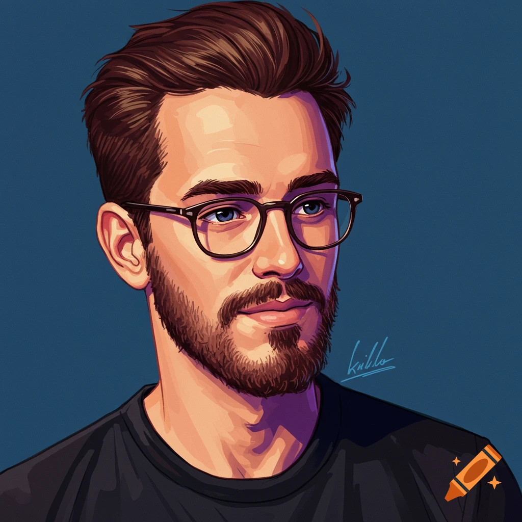 Illustration of a man with glasses and a beard against a blue background.