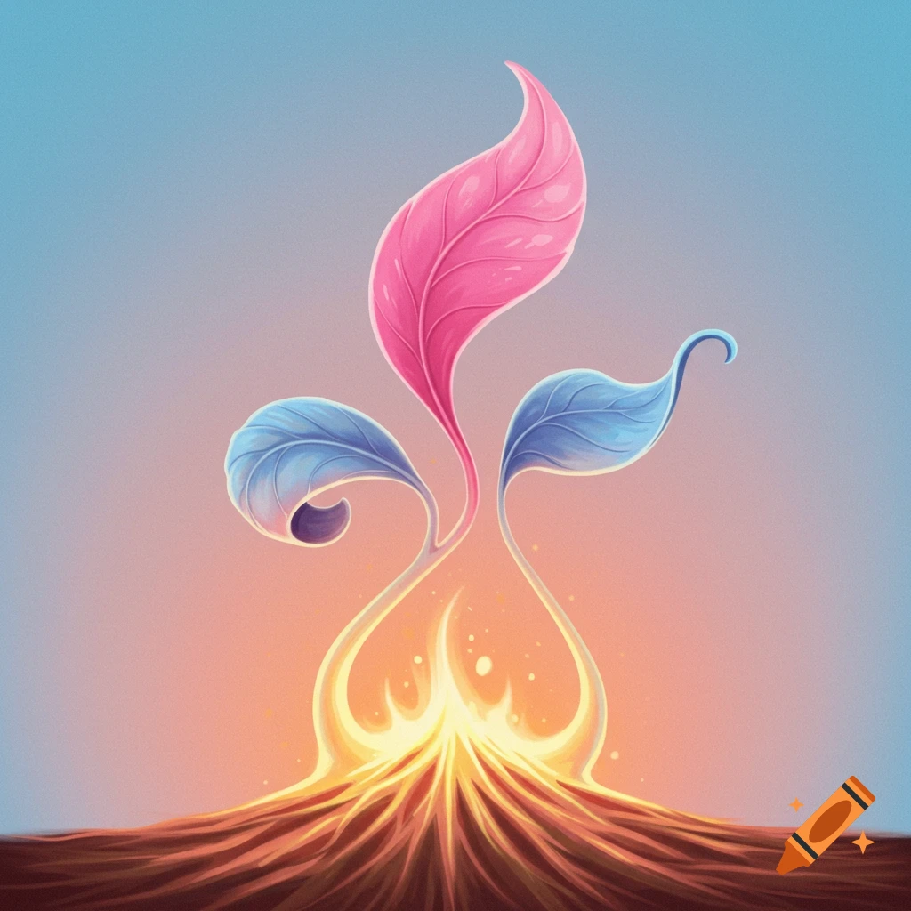 Stylized illustration of pink and blue leaves growing from a flame or light source in the soil.