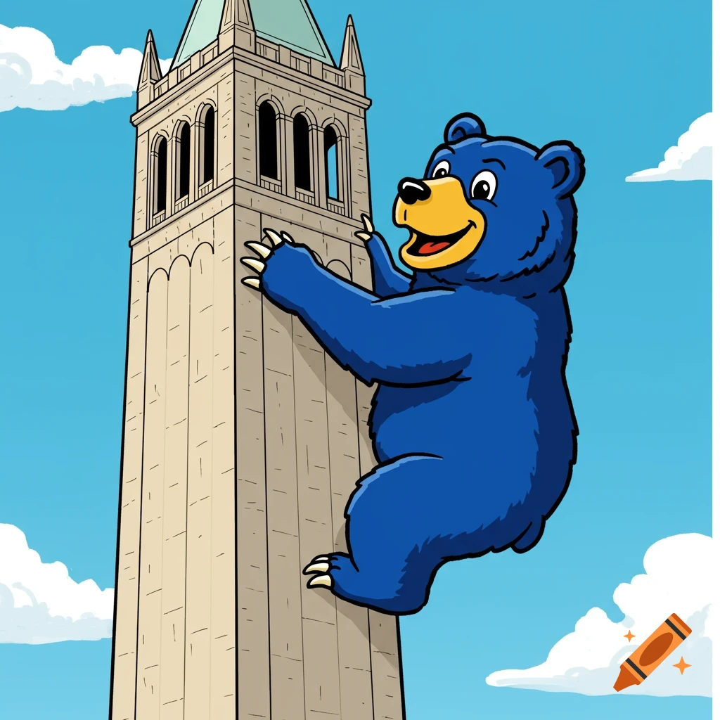 Berkeley Bear cartoon climbing Campanile