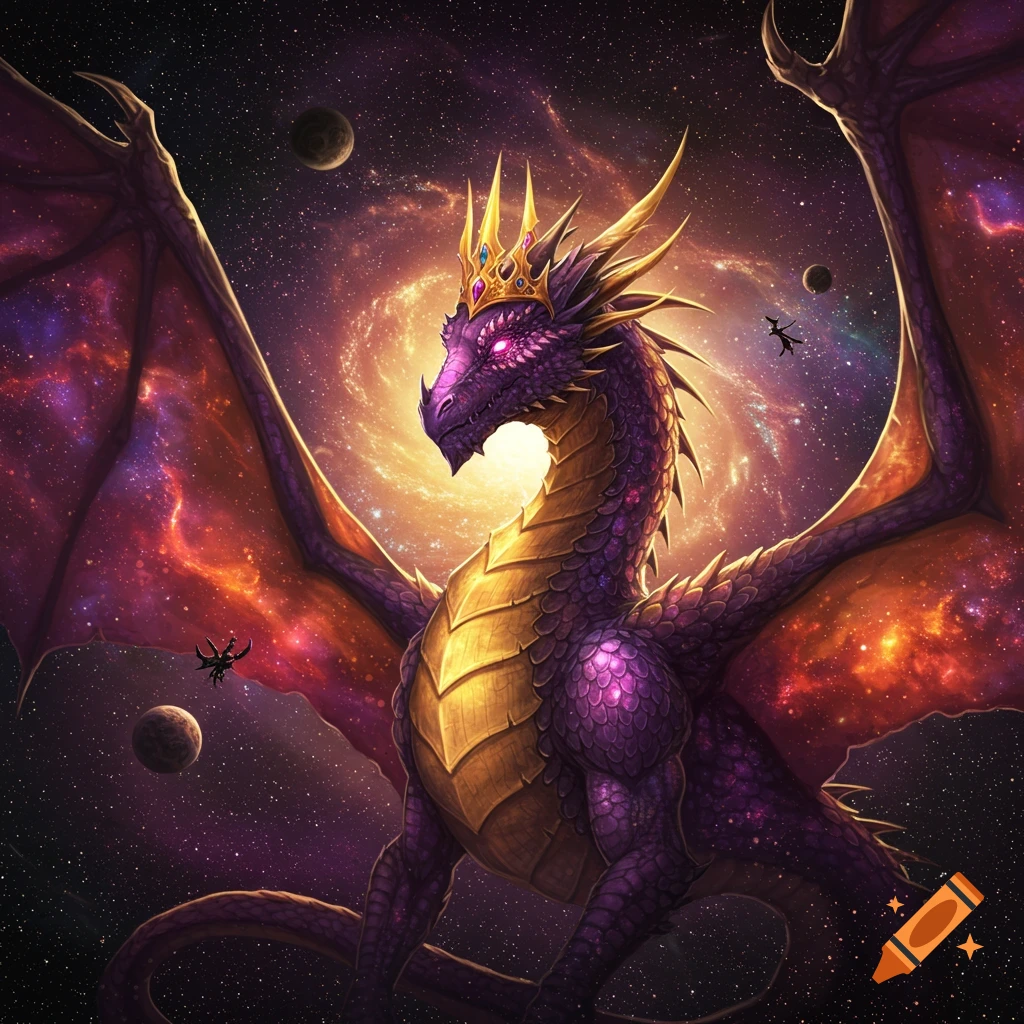 A majestic purple and gold dragon wearing a crown floats in front of a swirling galaxy and planets.