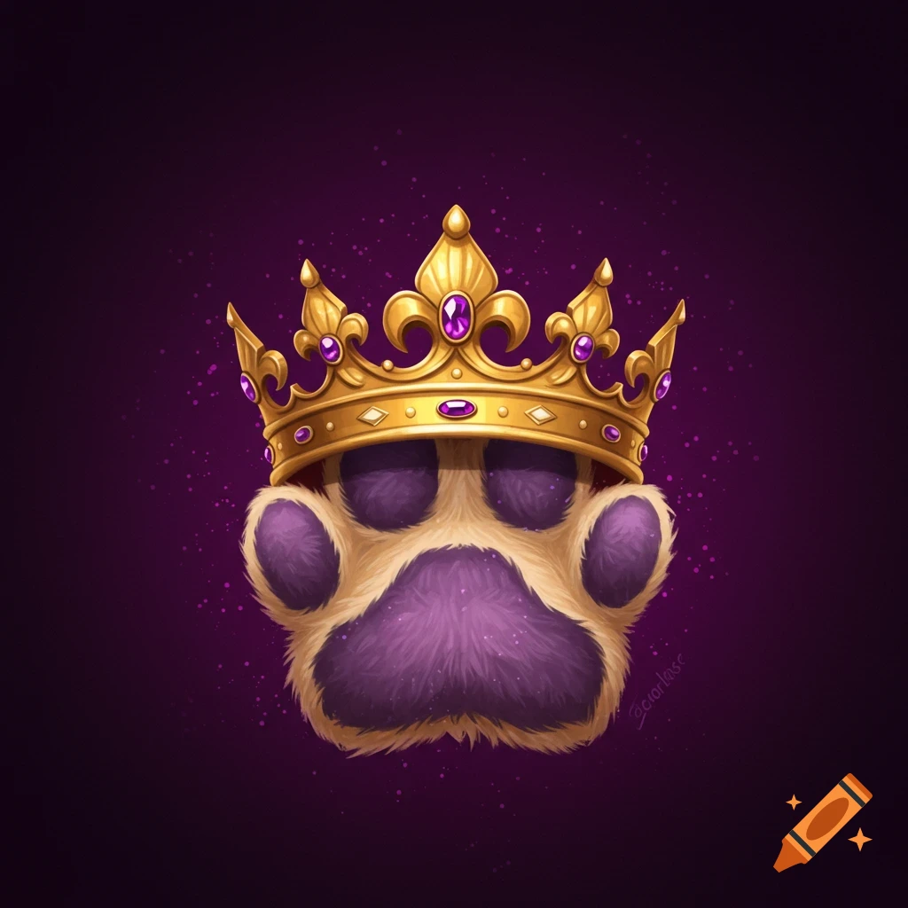 Stylized illustration of a fuzzy paw print wearing a golden crown on a purple background.