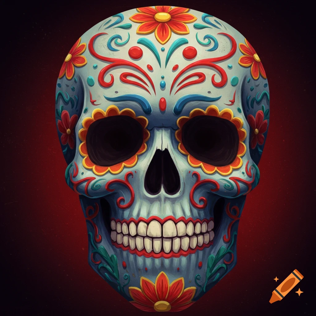 Stylized sugar skull decorated with colorful flowers and patterns on a dark background