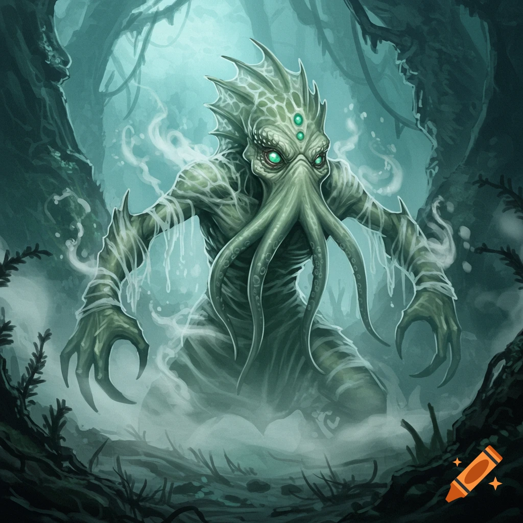 A green, tentacled monster with multiple eyes stands in mist in a dark forest.