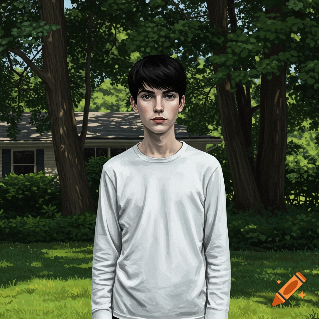 College student standing on lawn with trees in background