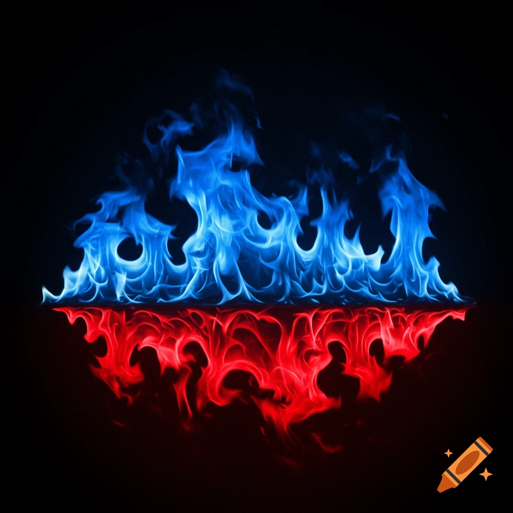 Blue and red fire on black background, realistic