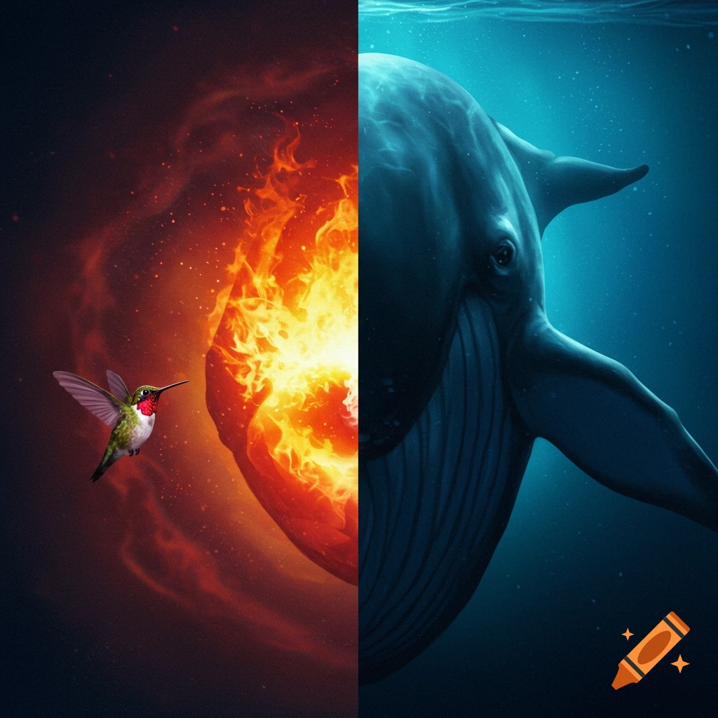 A vertical split image: a hummingbird with a fiery heart on the left, a blue whale underwater on the right.
