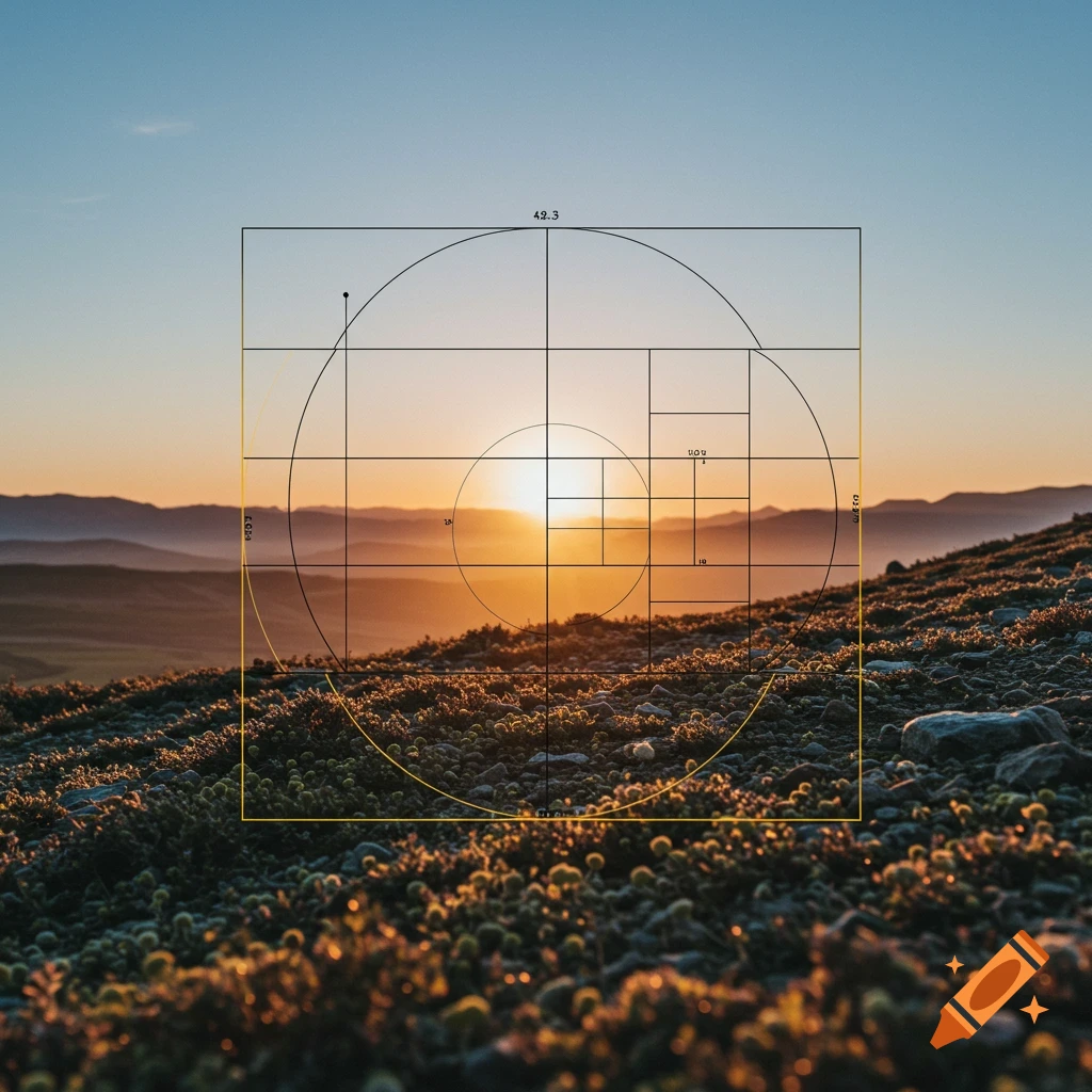 Photorealistic image of a sunset landscape with a golden ratio and 4:3 aspect ratio grid overlay.