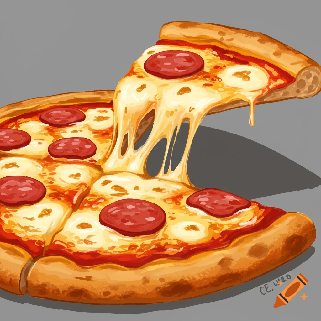 Illustration of a slice of pepperoni pizza being lifted from a whole pie, showing stretching cheese