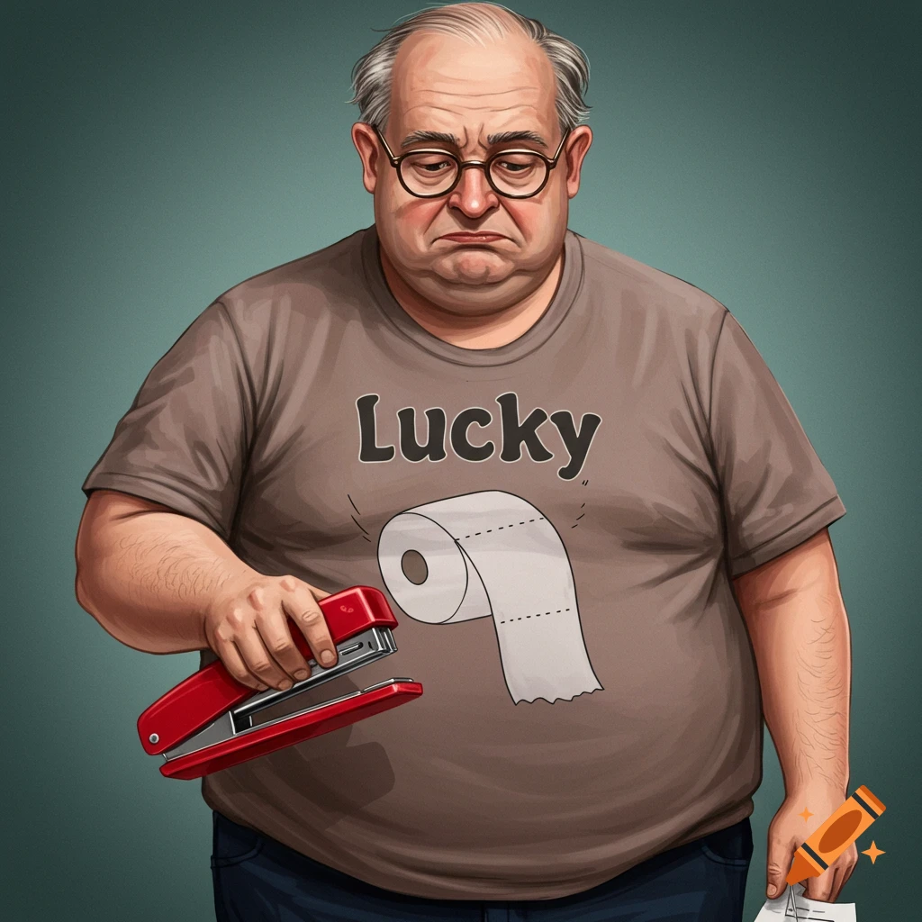 Illustration of a dejected chubby man with glasses, holding a red stapler and wearing a 'Lucky' shirt with a toilet paper roll.
