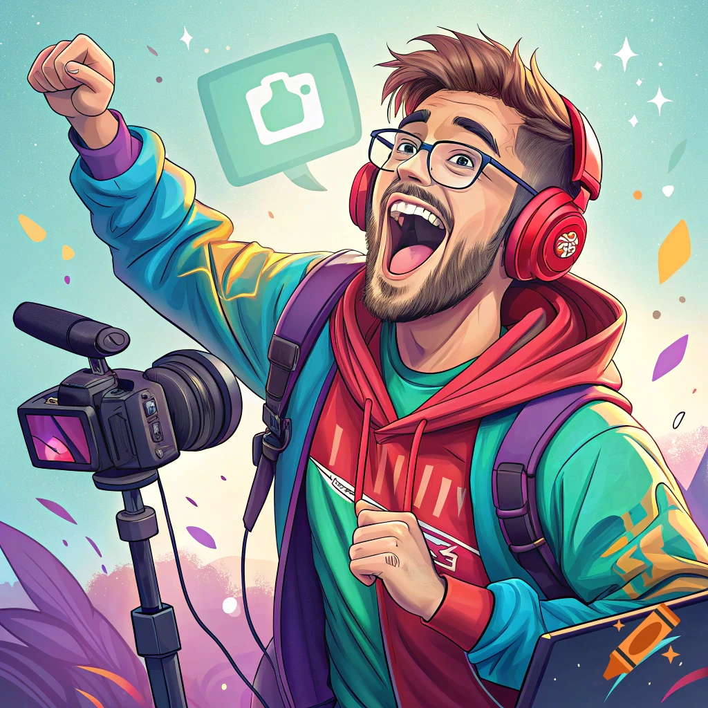 An excited content creator with headphones, a camera, and a laptop in a colorful illustration.