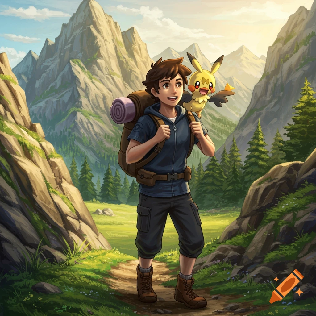 A person hikes with a yellow Pokémon on their shoulder through a mountain valley path.