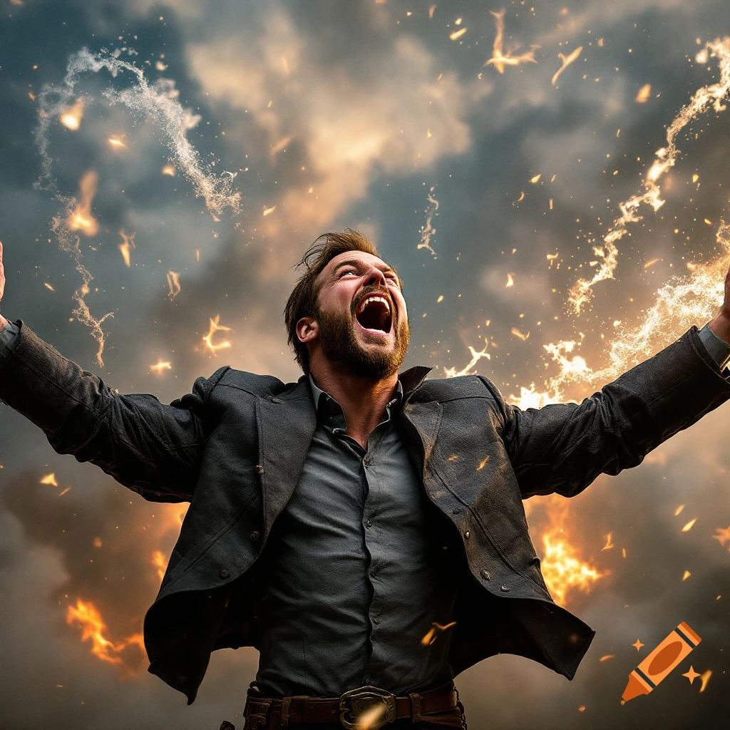A man shouts with arms raised, surrounded by sparks against a dramatic sky.