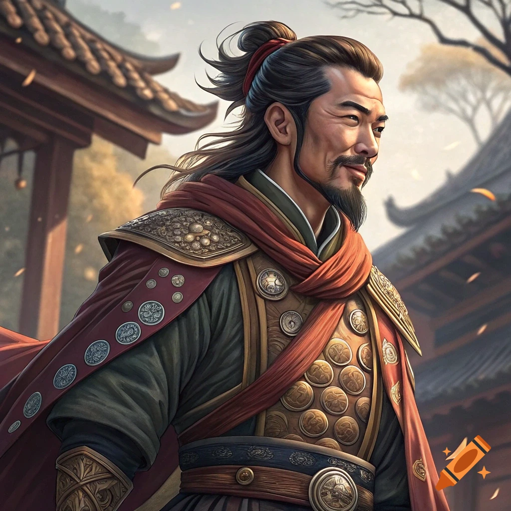Portrait of a historical East Asian man with a beard and topknot, wearing elaborate traditional armor and a red cloak, set against traditional architecture.