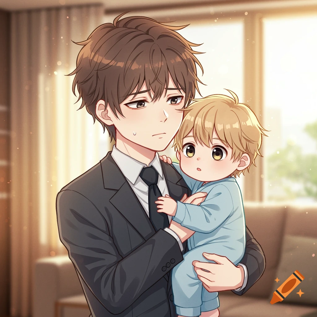 An anime illustration of a man in a suit holding a baby.