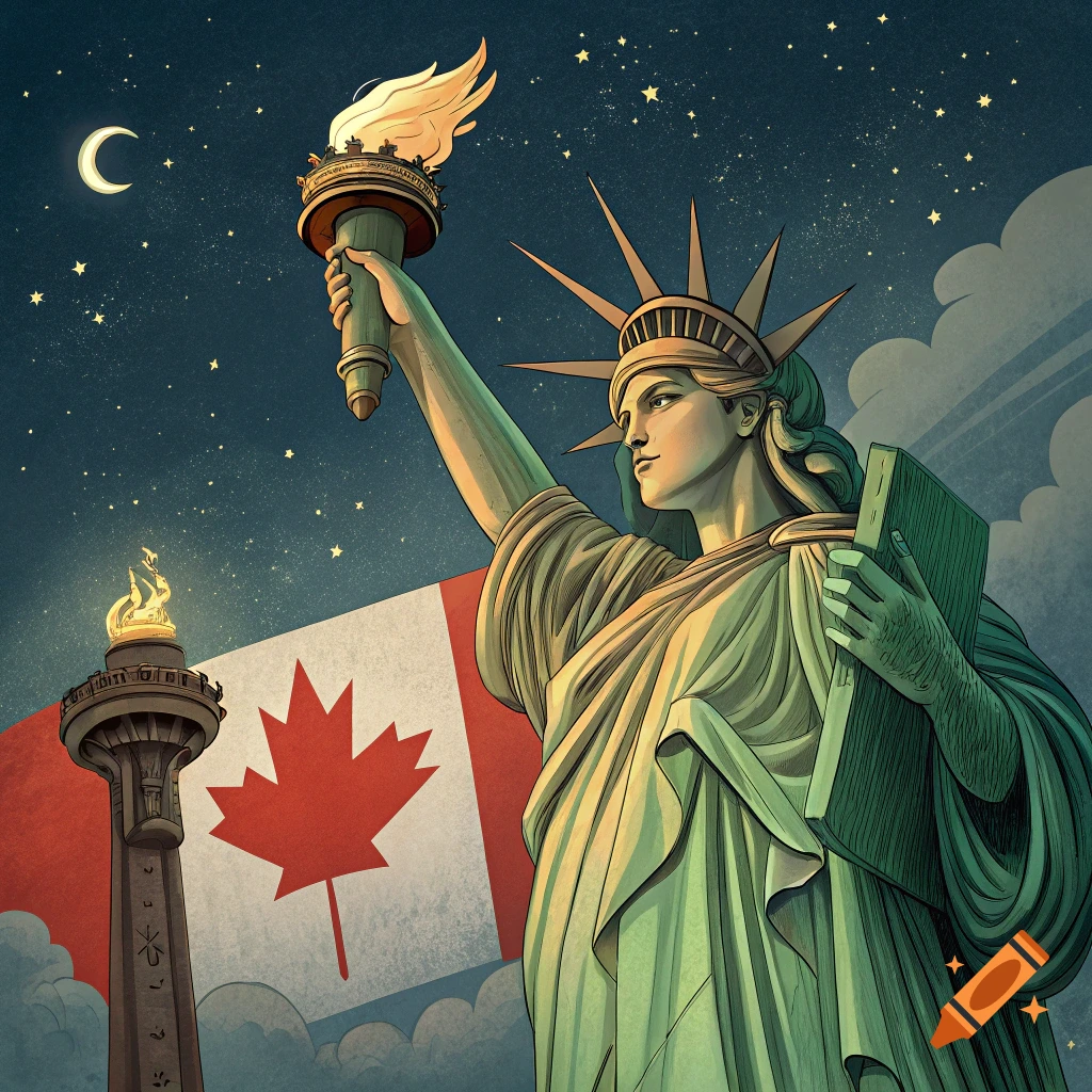 Illustration of the Statue of Liberty with a Canadian flag behind her and a flaming tower under a starry sky.