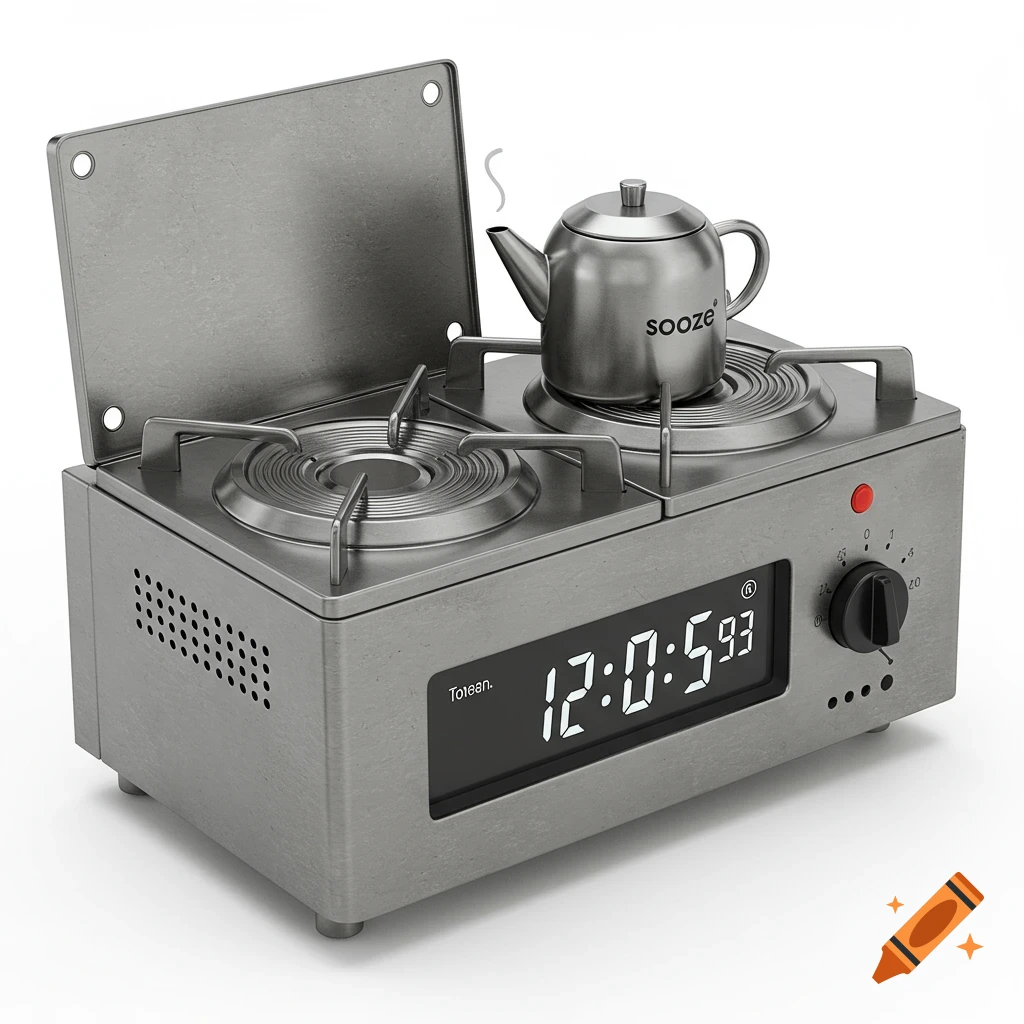Modern alarm clock shaped like a camping cooktop with a tea kettle