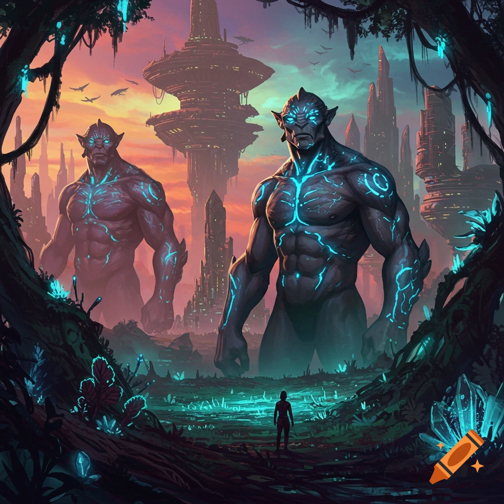 Two large, muscular alien figures stand before a smaller human in a bioluminescent jungle with futuristic city structures in the background.
