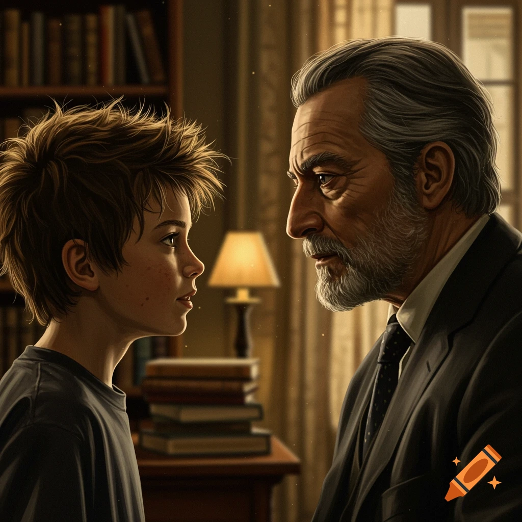 Boy looking up to older man