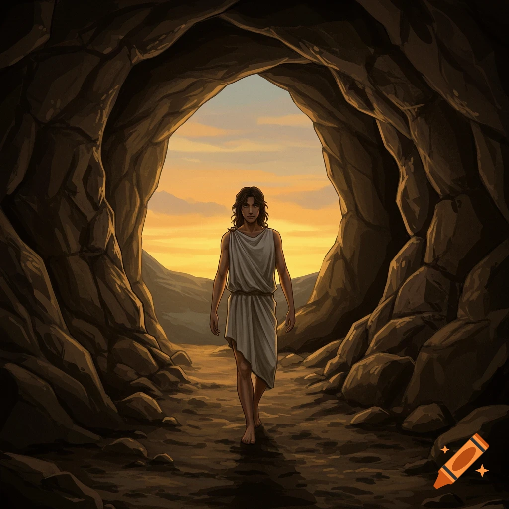 Illustration of a person walking out of a dark cave into a bright landscape at sunset