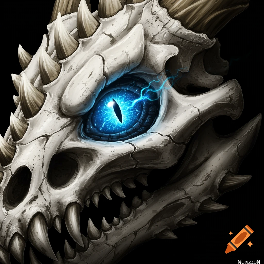 Close-up of a bone dragon skull with a glowing blue eye