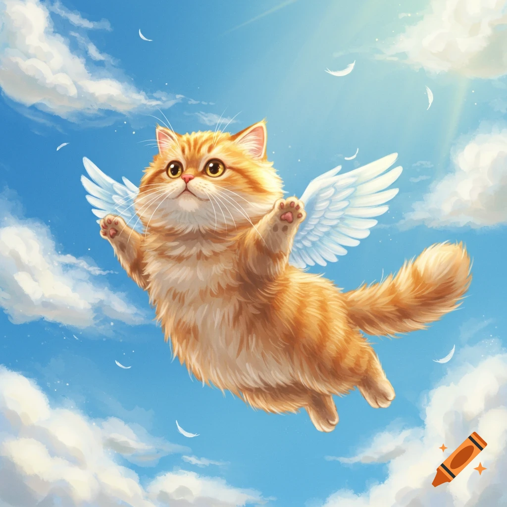 An orange fluffy cat with white wings flies through a sunny blue sky with clouds.