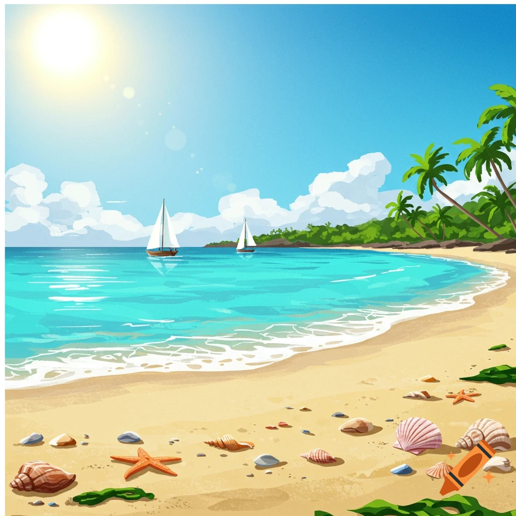 Illustration of a tropical beach with seashells, starfish, palm trees, and two sailboats on the blue water.