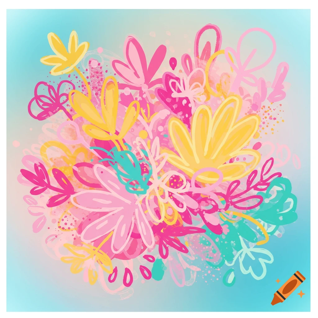 Abstract illustration of colorful pink, yellow, and teal flowers on a blue background.