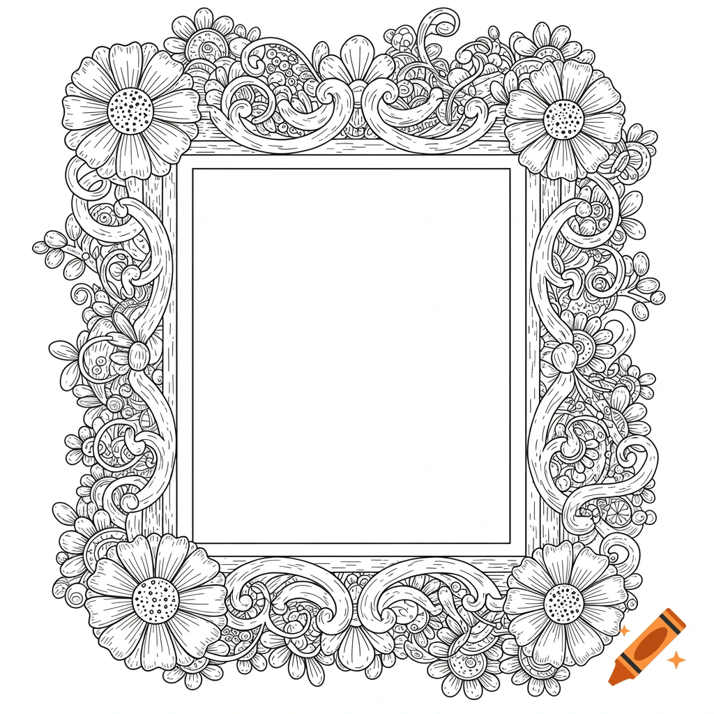 Ornate picture frame with flowers and vines coloring sheet