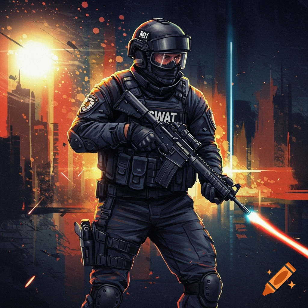 A SWAT officer in tactical gear holds a rifle against an urban background with orange and blue light effects.