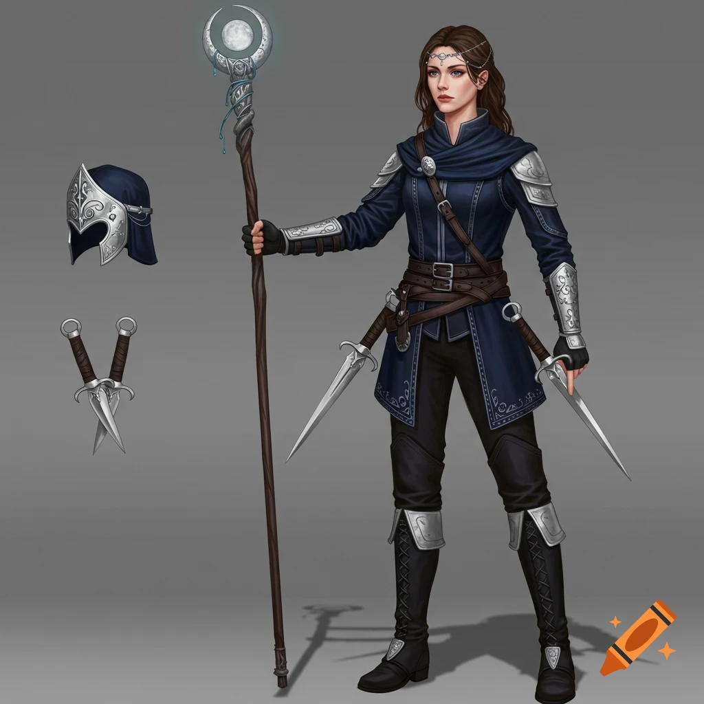 Illustration of a woman in blue fantasy adventure gear holding a staff and daggers.