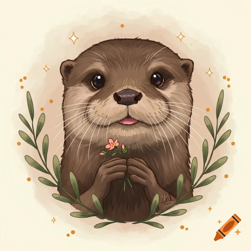 Illustration of a cute otter holding pink flowers, surrounded by leaves, stars, and dots.