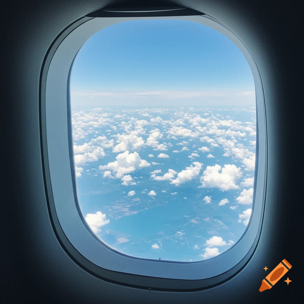 View from an airplane window looking down at clouds and land.