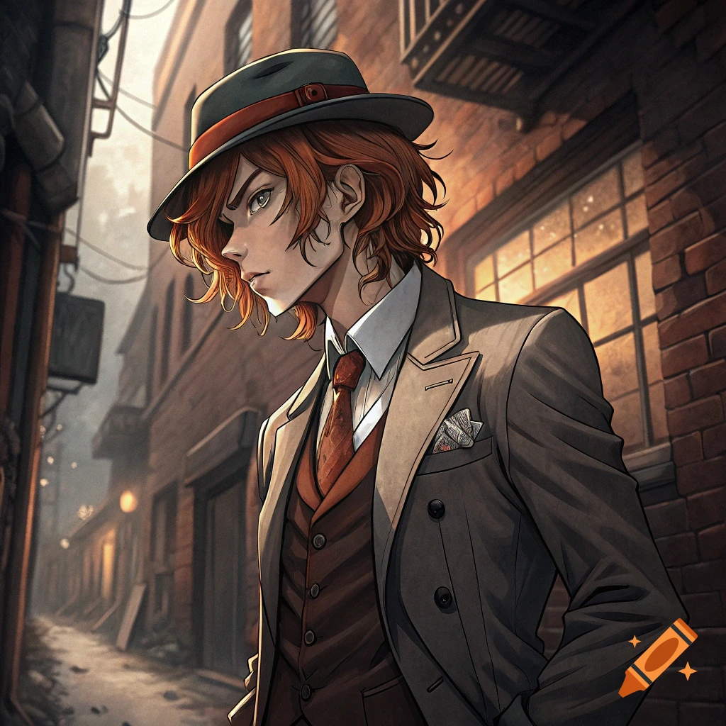 Anime character with orange hair, suit, and hat stands in an alleyway.