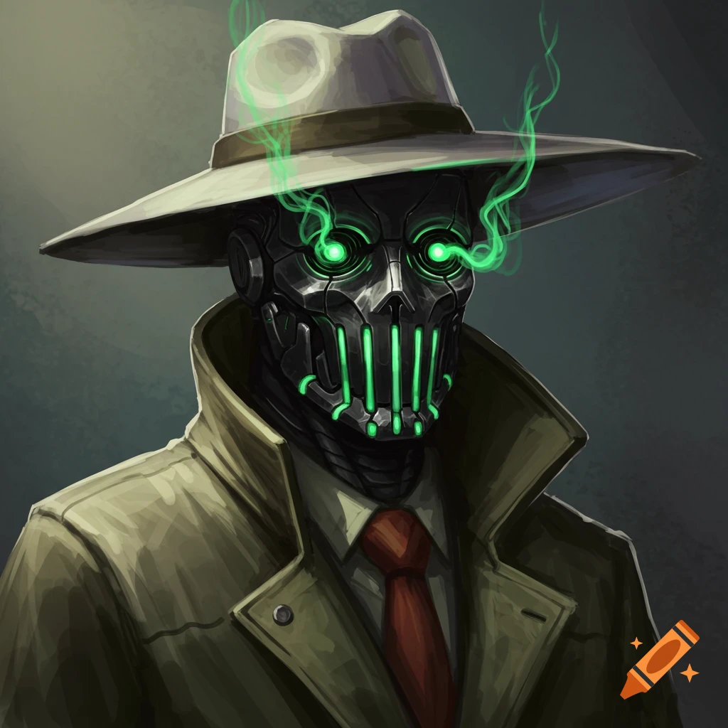 An illustration of a cyborg detective in a fedora and trench coat with glowing green eyes.