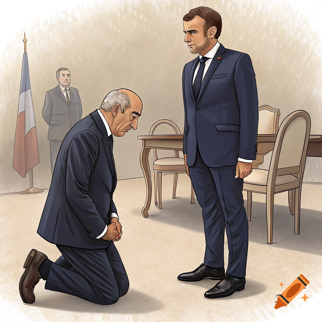 Cartoon of one man kneeling before another in suits, with a French flag nearby.