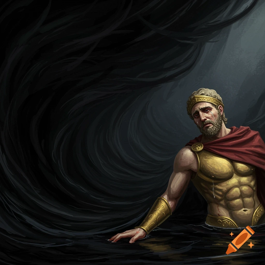 Figure resembling Achilles with a wound on his heel cries while submerged in dark water, reaching out a hand.