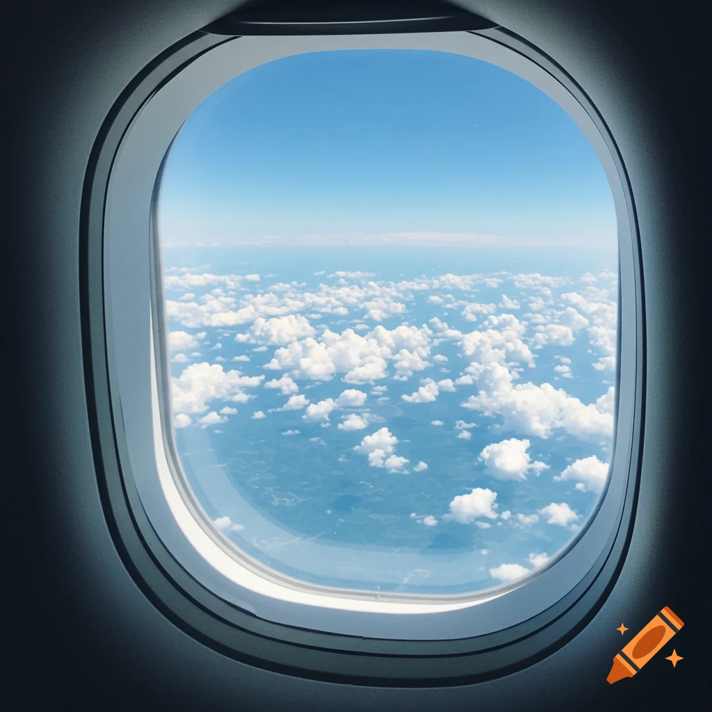 View of clouds and land from an airplane window.