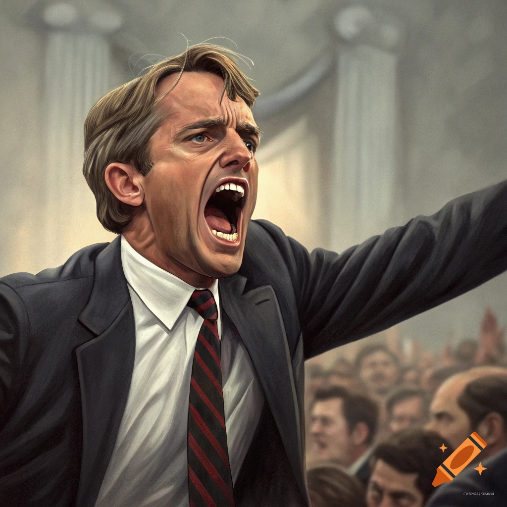 Portrait of a man in a suit yelling forcefully in front of a blurry crowd and pillars.