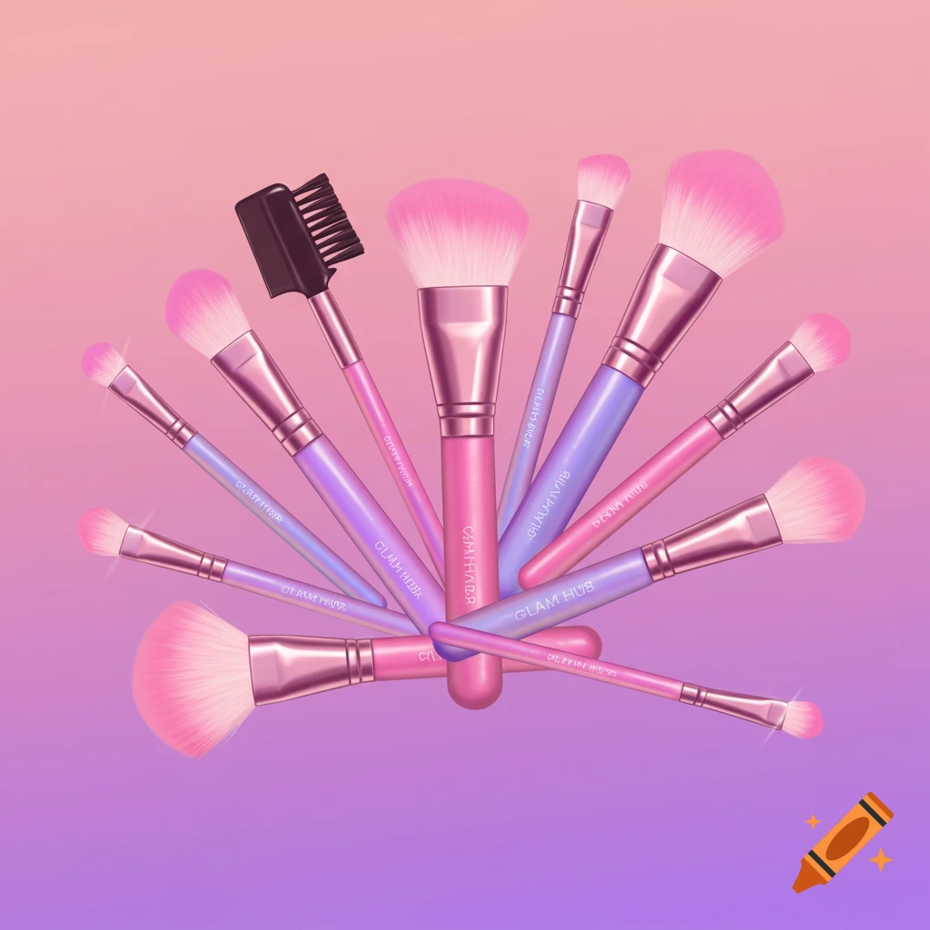A fan arrangement of pink and purple makeup brushes against a pink and purple gradient background.