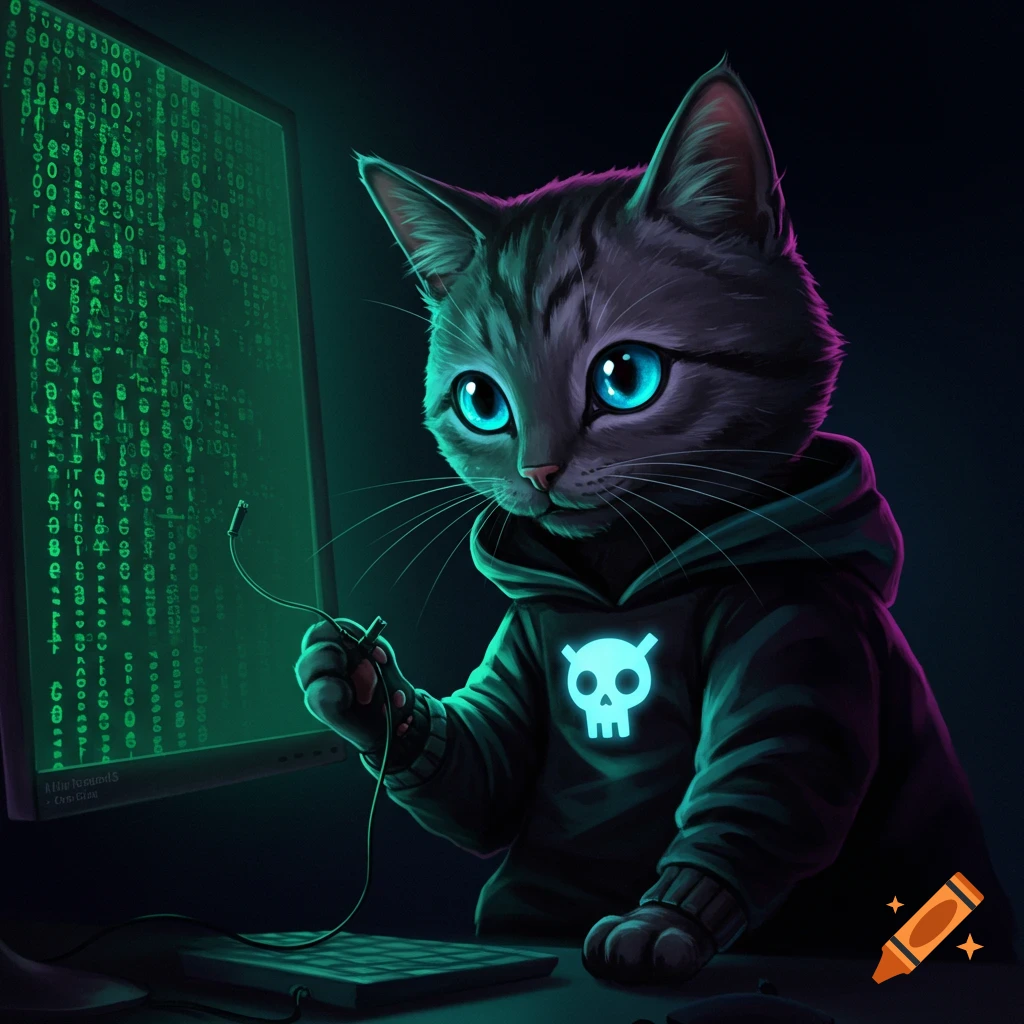 A cartoon cat wearing a hoodie hacks on a computer with glowing green code on the screen.