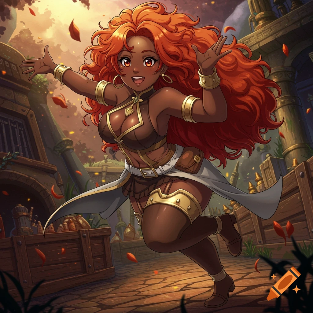 Anime fantasy woman with red hair and dark skin smiling and gesturing enthusiastically in a marketplace.