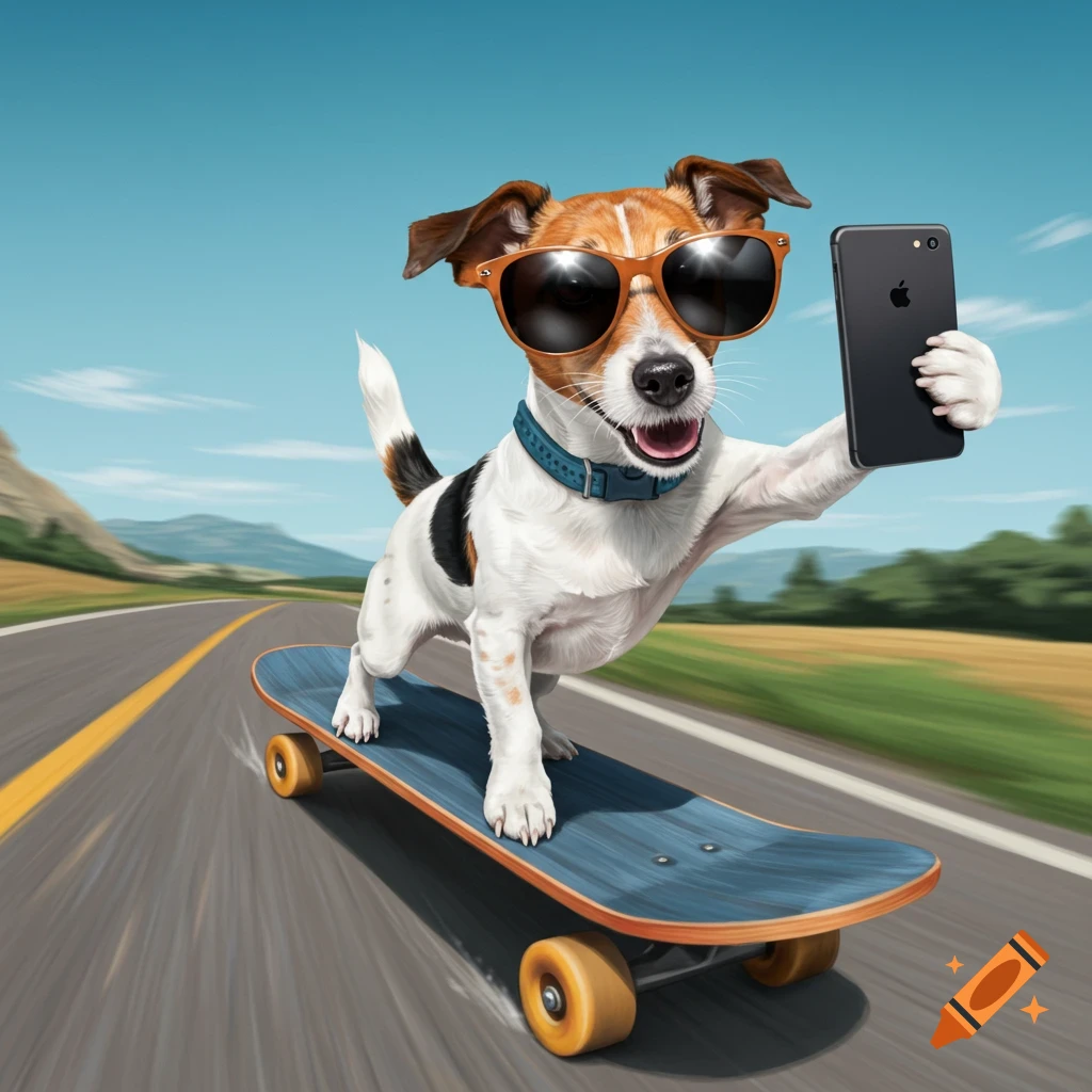 Jack Russell terrier dog in sunglasses on skateboard taking a selfie with a phone on a road.