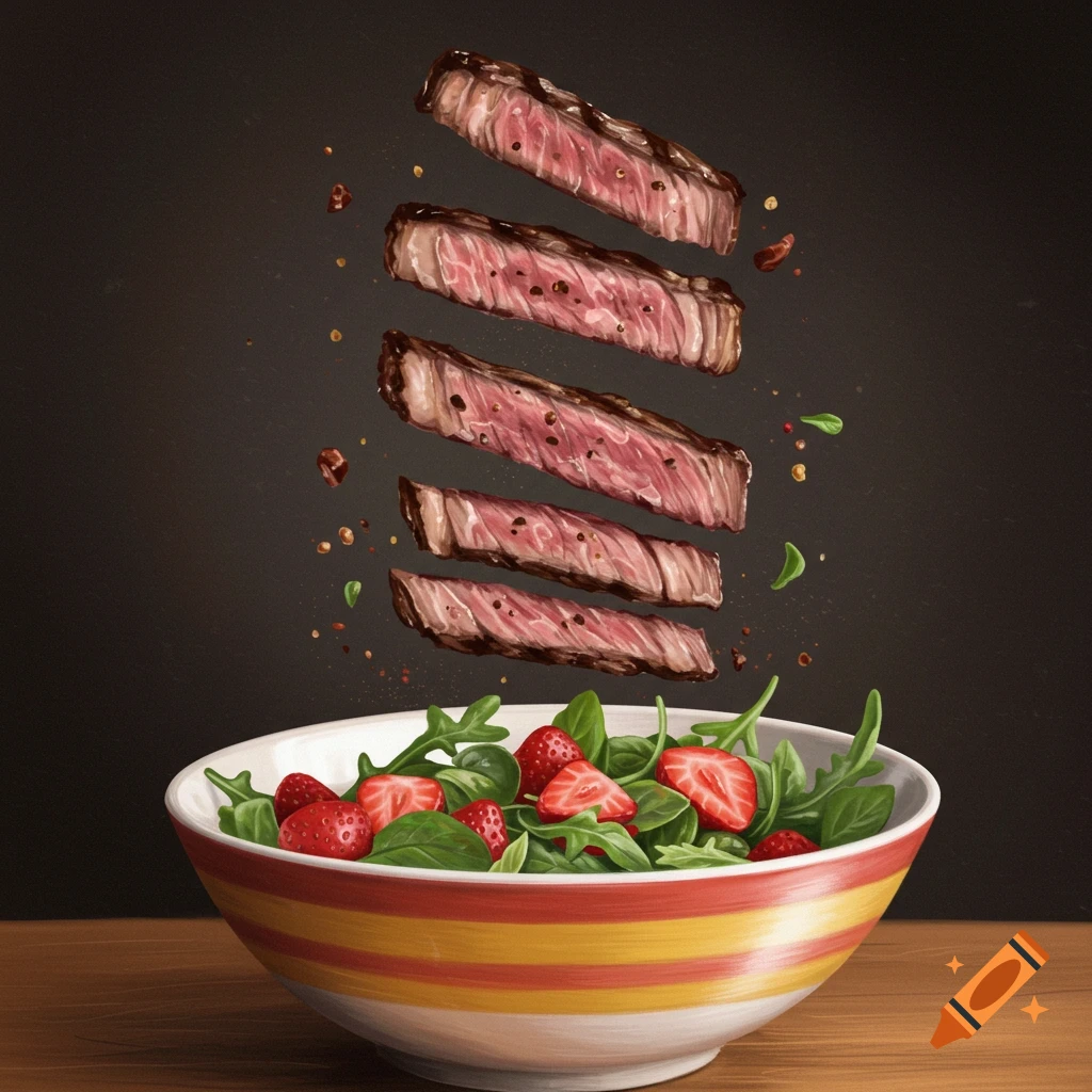 New York strip steak with strawberry salad in a bowl