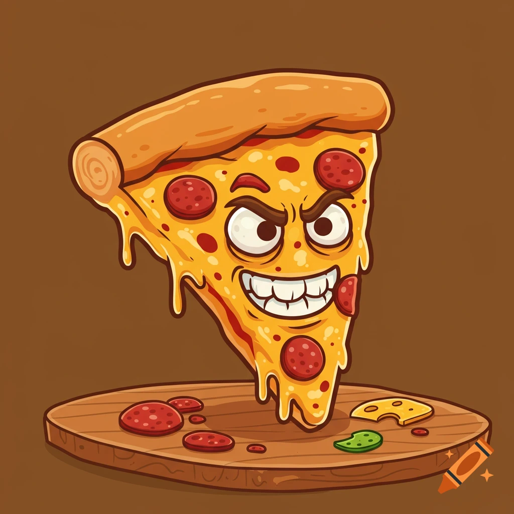 Cartoon pizza slice with an evil grin and pepperoni slices, on a wooden board.