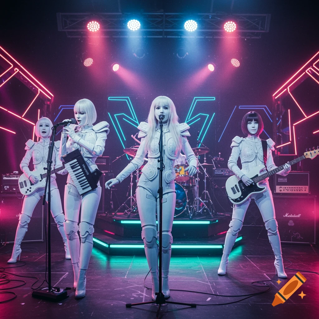 A band of four androids perform on a stage under neon lights.
