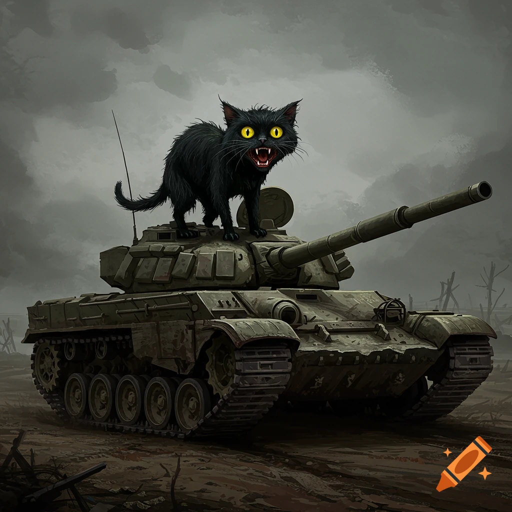 A scary black cat with large yellow eyes stands on top of a tank in a desolate, cloudy landscape.