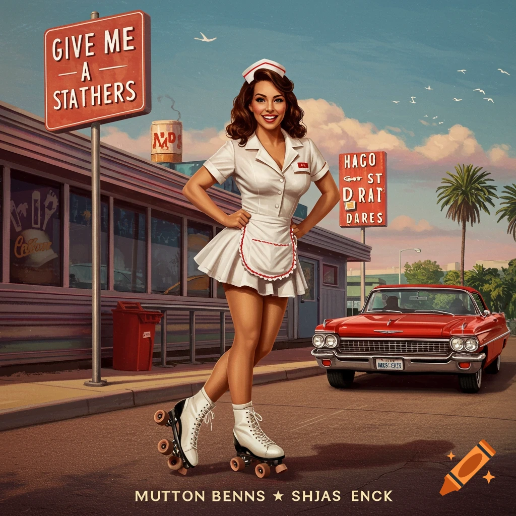 Vintage illustration of a waitress on roller skates in front of a diner and classic car.