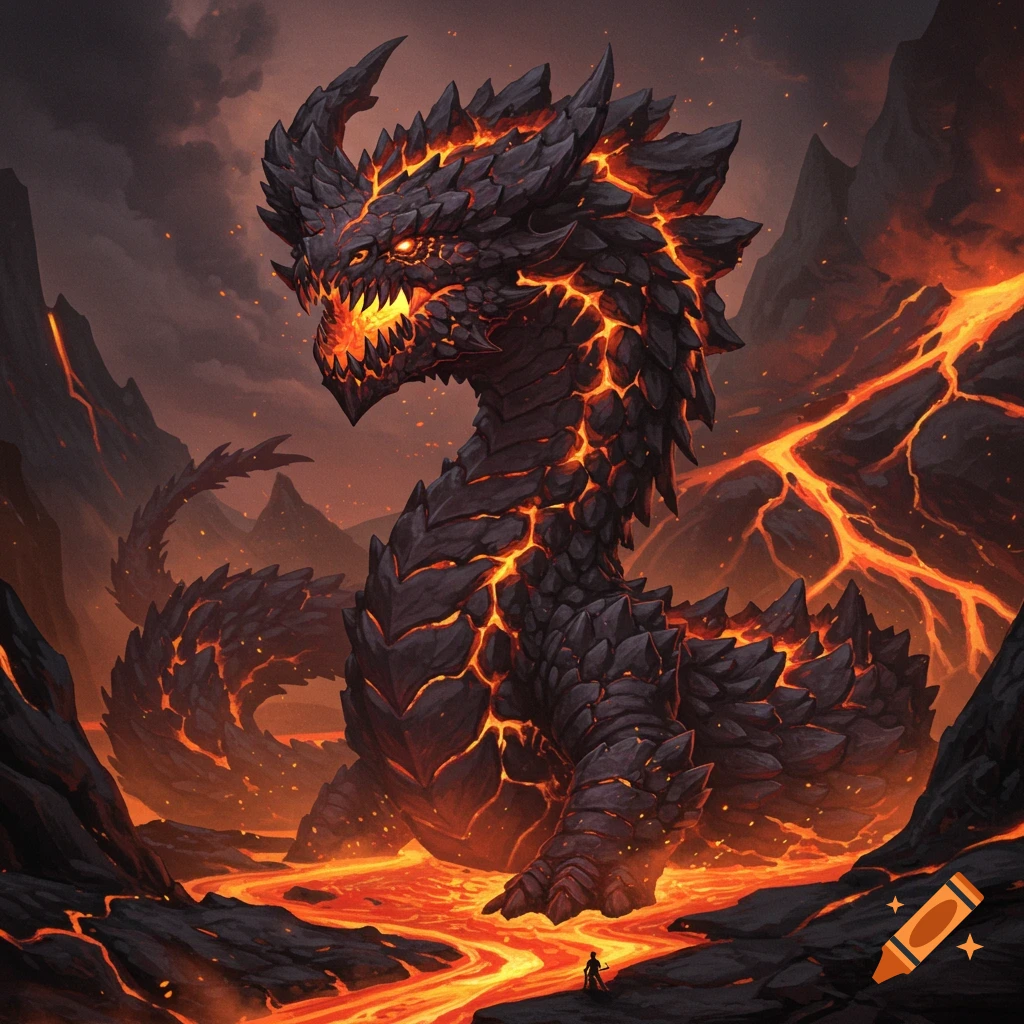 A massive dragon made of dark rock with glowing lava cracking through its body stands in a volcanic landscape with a river of lava.