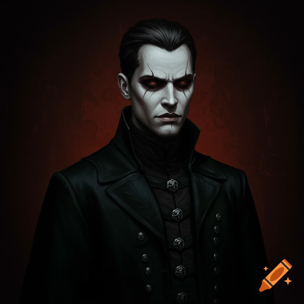 Portrait of a person with pale skin, red eyes, and dark makeup in a dark coat against a red background.