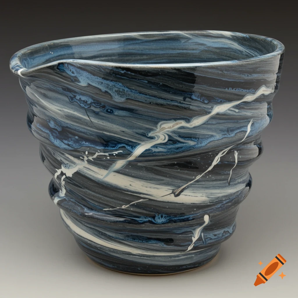 Ceramic mixing bowl with swirling blue, gray, and white glaze, shaped dynamically.
